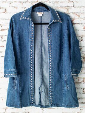 Tia Women's Small Studded Denim Duster Jacket Blue Open Front Stretch 3/4 Sleeve